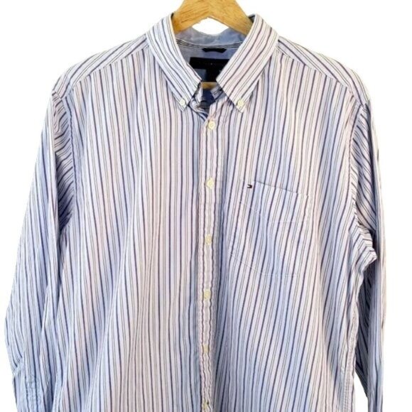 2/$15 Tommy Hilfiger Mens Button Down Shirt Blue Large White Stripe Long Sleeve - Picture 3 of 6